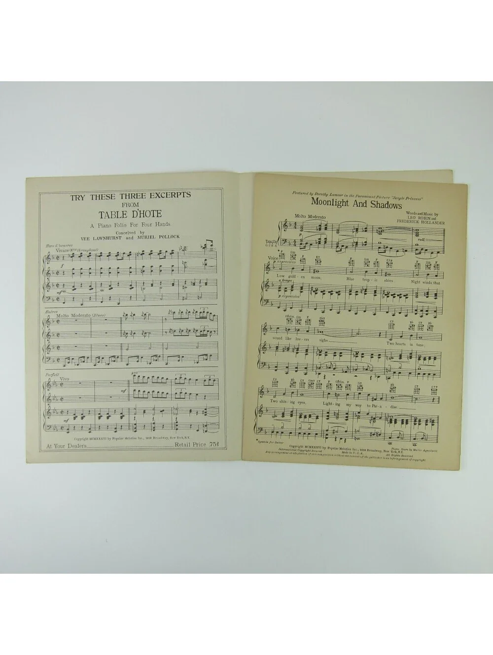 Sheet Music Moonlight & Shadows Jungle Princess Dorothy Lamour Ray Milland 1936